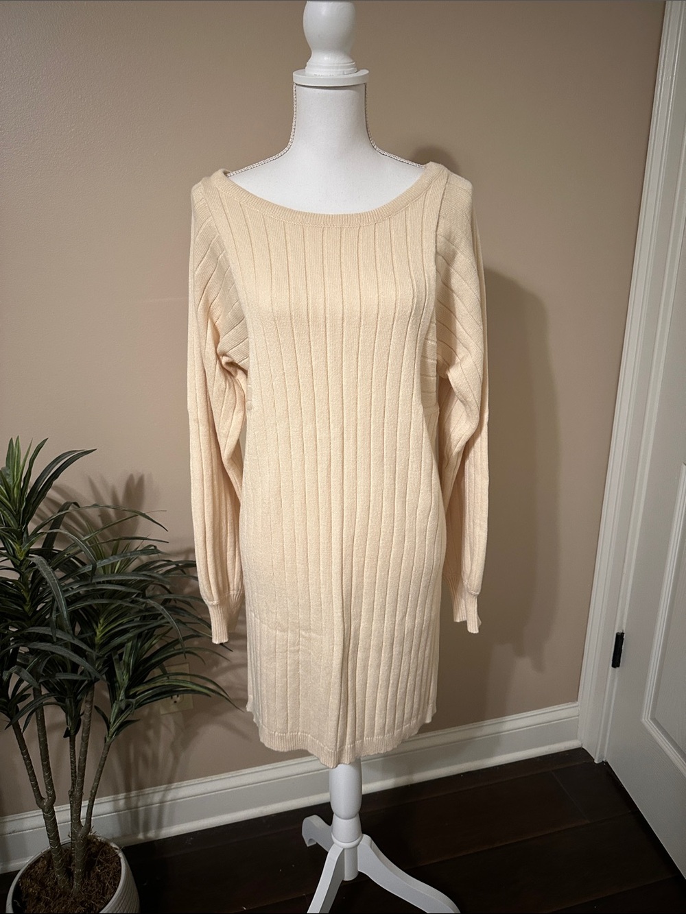 Women’s Cream Ribbed Knit Sweater Dress